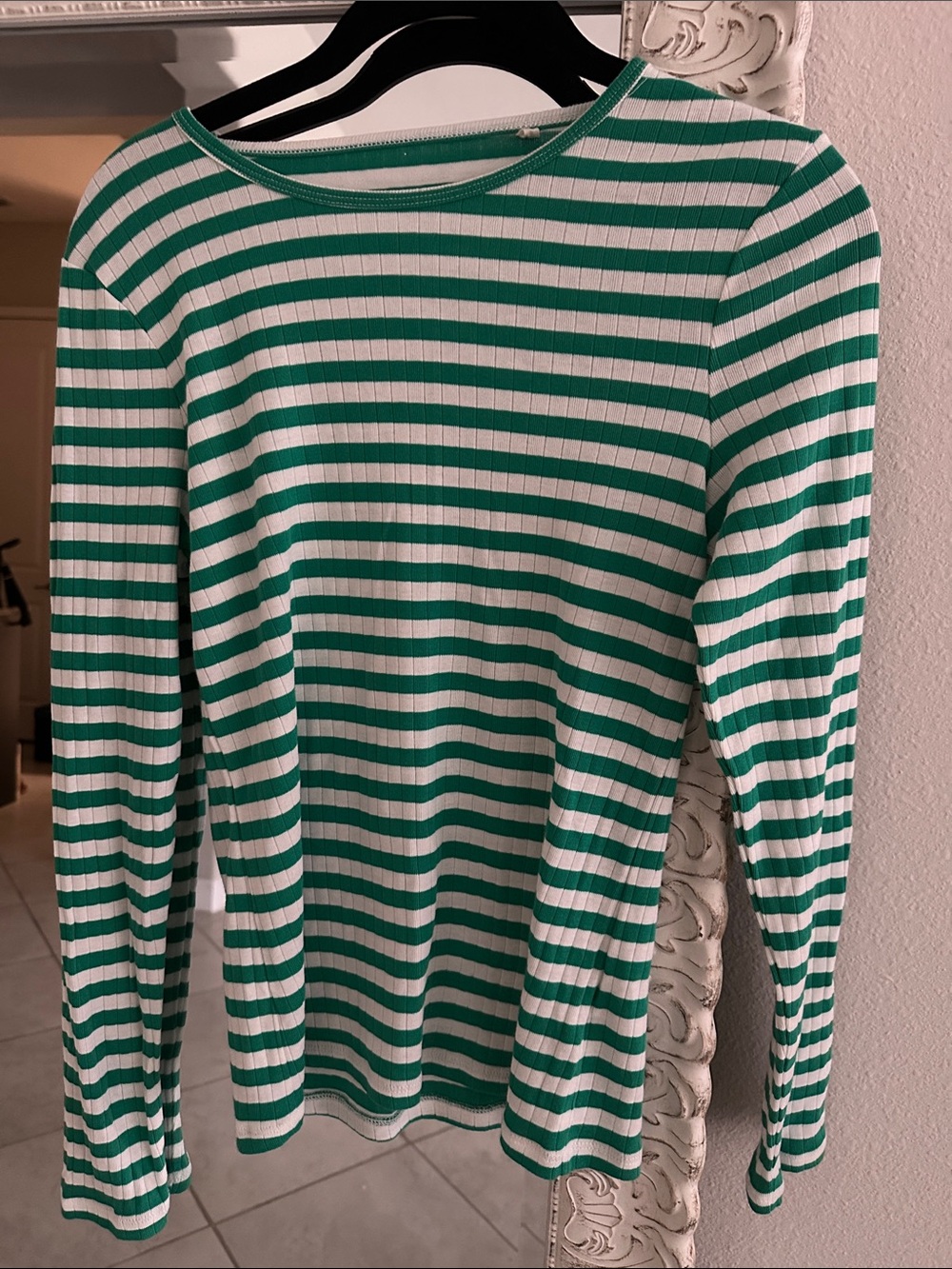 Boden Green and White Striped Ribbed Long-Sleeve Tee